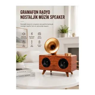 Bluetooth Nostalji Speaker Radyo Gramofon Ahşap Renk Vintage Yeni Nesil