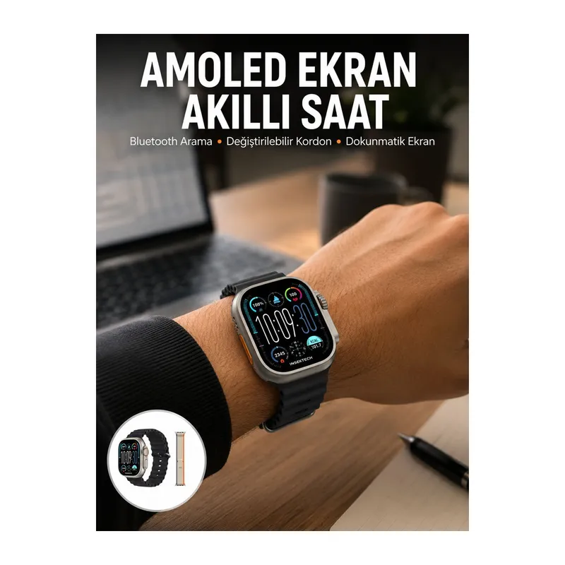 49mm Akıllı Saat Amoled Ekranlı Kadın Erkek Kol Saati Plastik Kordon Yeni Nesil