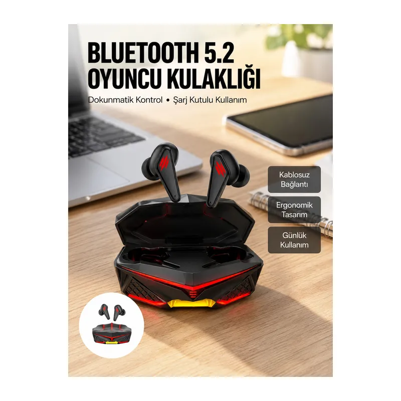 Profesyonel TWS Işıklı Kablosuz Bluetooth Kulaklık Oyuncu Kulaklığı Yeni Nesil