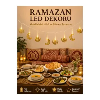 Minareli Hilal LED Işık Gold Metal Gövdeli Pilli Ramazan Dekoru