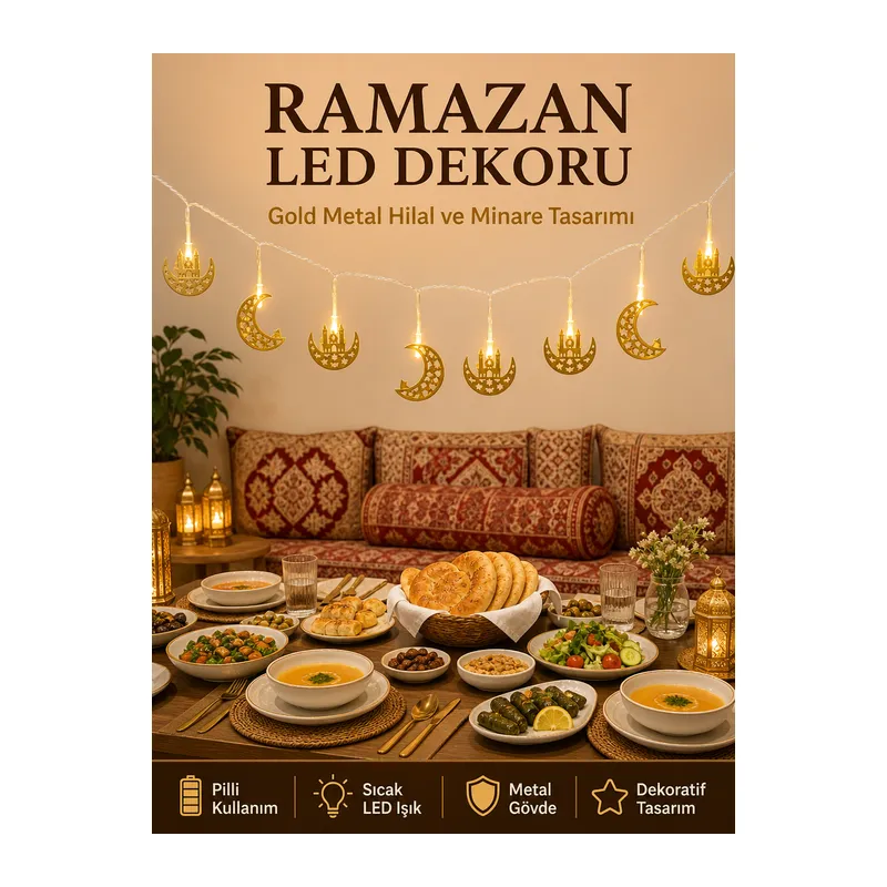 Minareli Hilal LED Işık Gold Metal Gövdeli Pilli Ramazan Dekoru