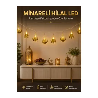 Dekoratif Minareli Hilal LED Işık Metal Gövdeli Ramazan Aydınlatma