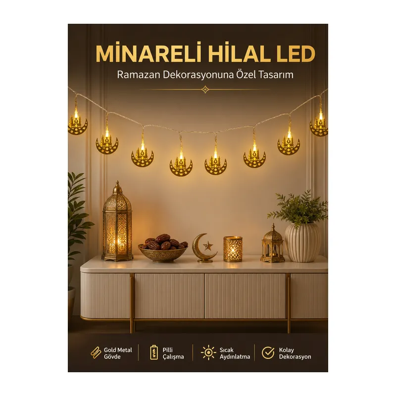 Dekoratif Minareli Hilal LED Işık Metal Gövdeli Ramazan Aydınlatma