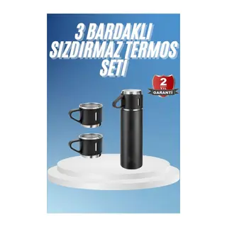 Termos Paslanmaz Çelik Termos Siyah Renk 3 Bardaklı Termos Seti