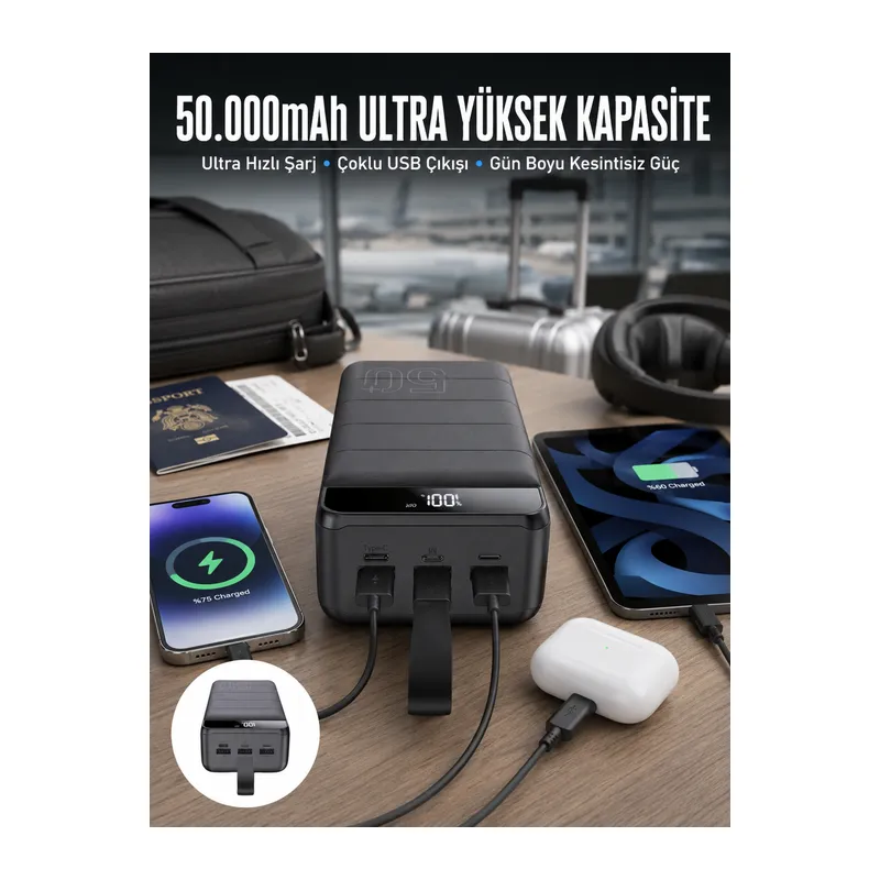 Powerbank Çoklu Şarj Girişi 50.000 Mah Taşınabilir Dijital Göstergeli (Kopya)