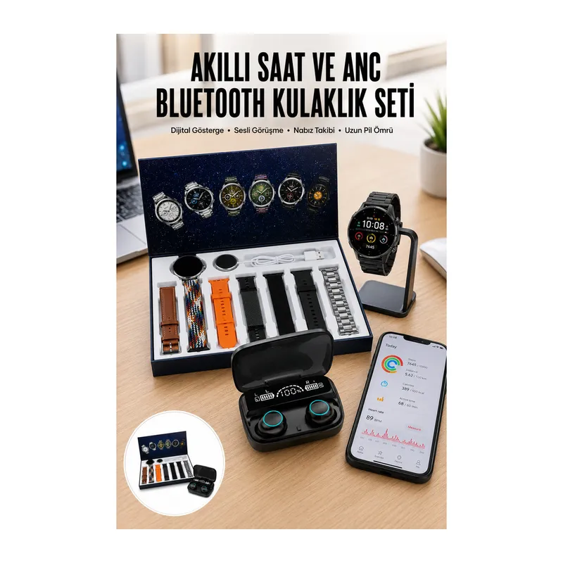 Ucuz Kaliteli Yeni Nesil 7 Kordonlu Akıllı Saat ve Kablosuz Bluetooth Kulaklık ANC Özelliği