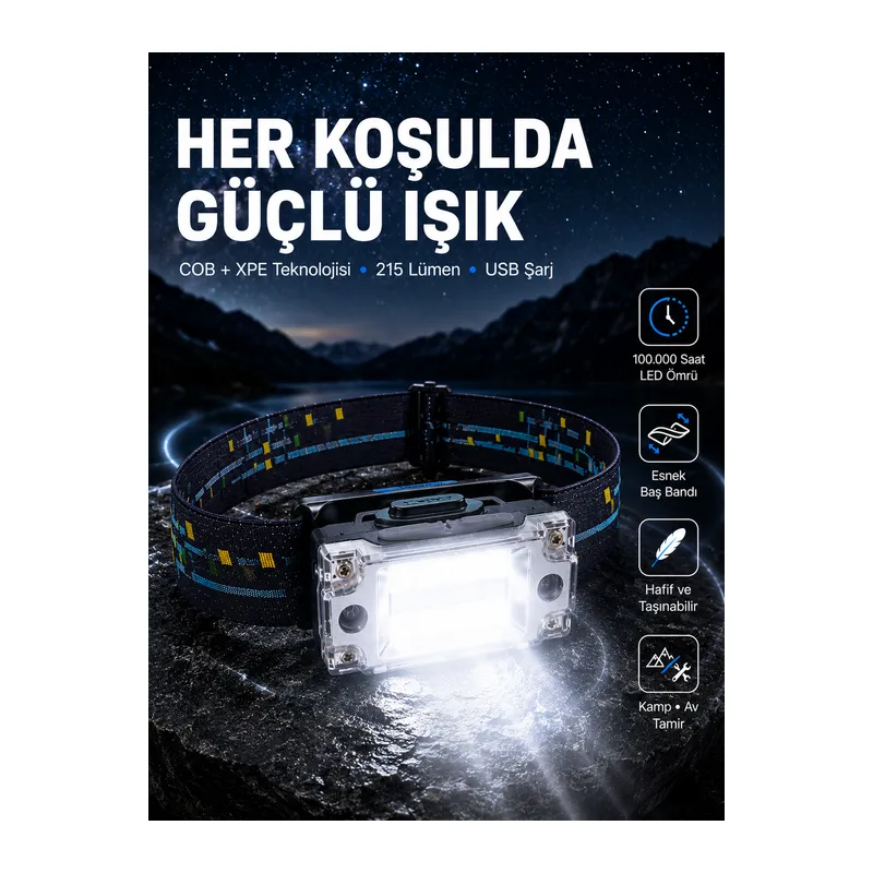 USB Şarjlı Mini LED KAFA Feneri 50m Odak 150m Geniş Aydınlatma Yeni Nesil