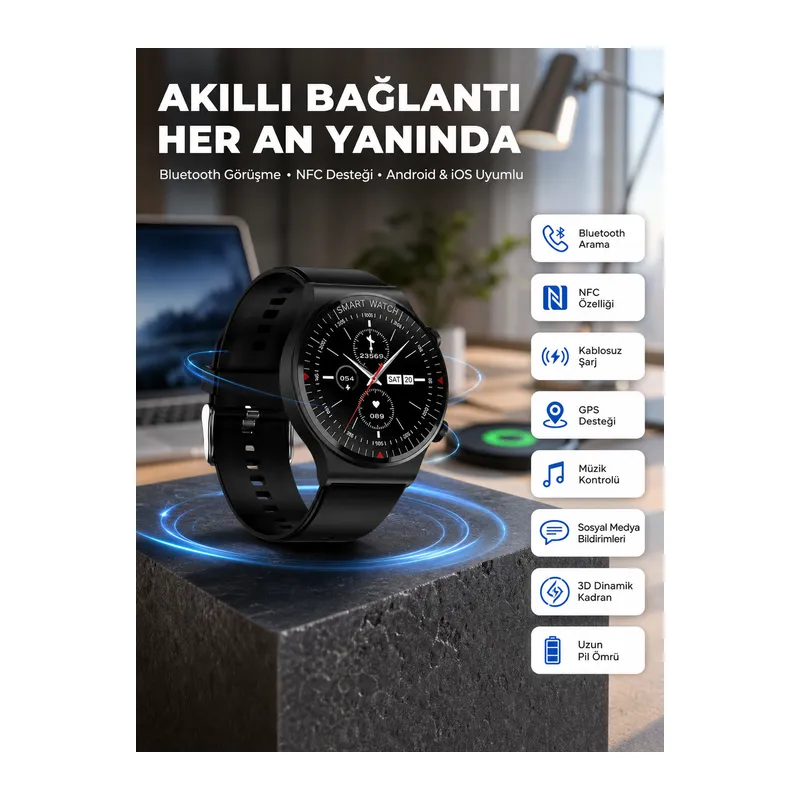 Akıllı Saat Yeni Nesil Üç Kordonlu Nabız Ölçer Çağrı Cevaplama