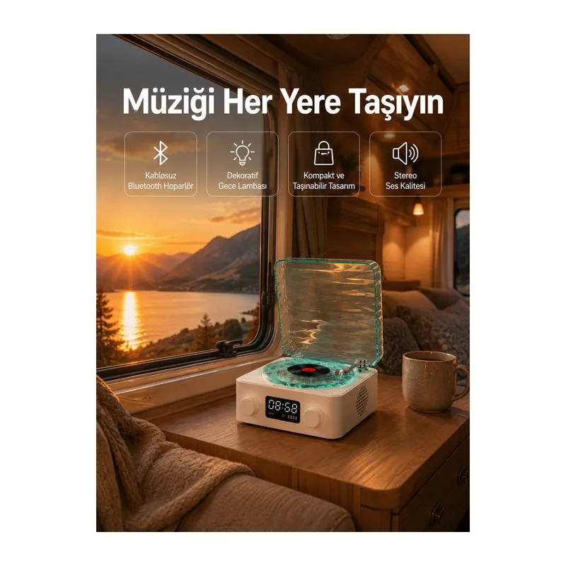 Retro Tasarımlı Gece Lambalı Bluetooth Hoparlör – Saat ve Pil Göstergeli