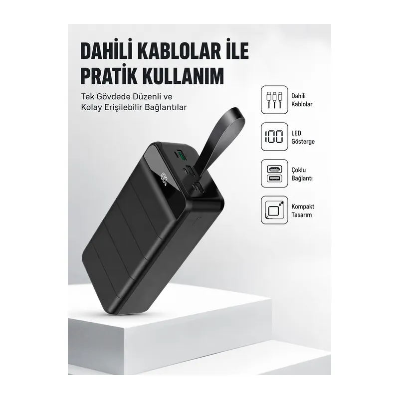 50.000 mAh Kapasiteli Powerbank – Hızlı Şarj Destekli, 4 USB Portlu, LED Işıklı Taşınabilir Enerji Deposu