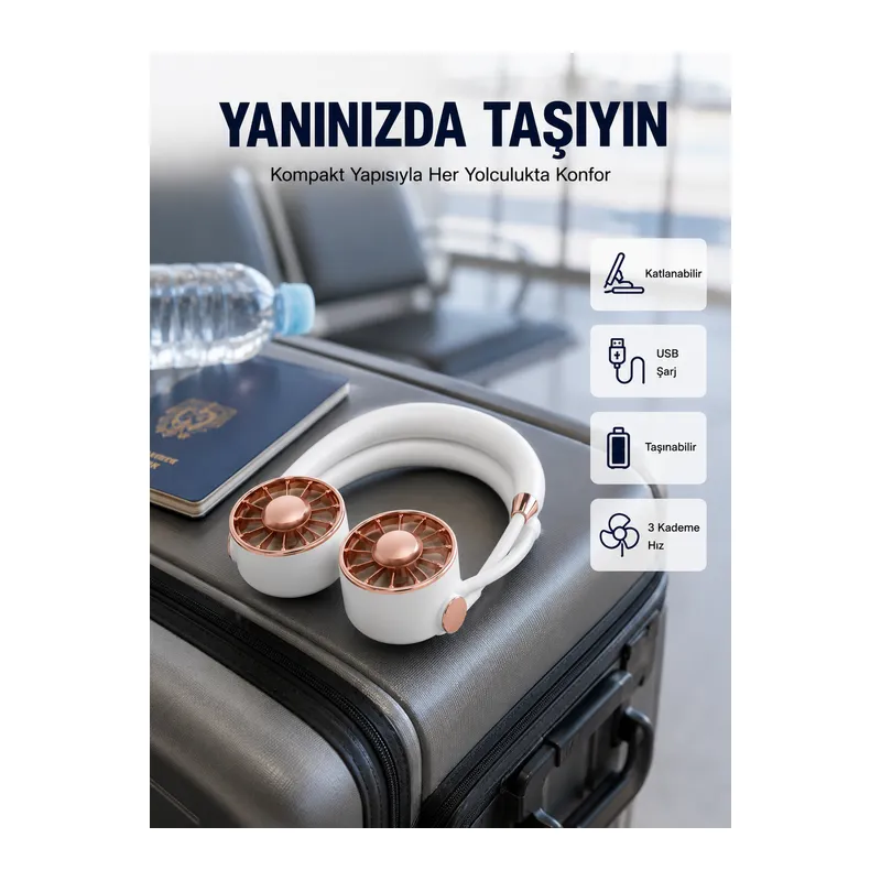 USB Şarjlı Katlanabilir Mini Boyun Fanı 1–3 Saat Kullanım