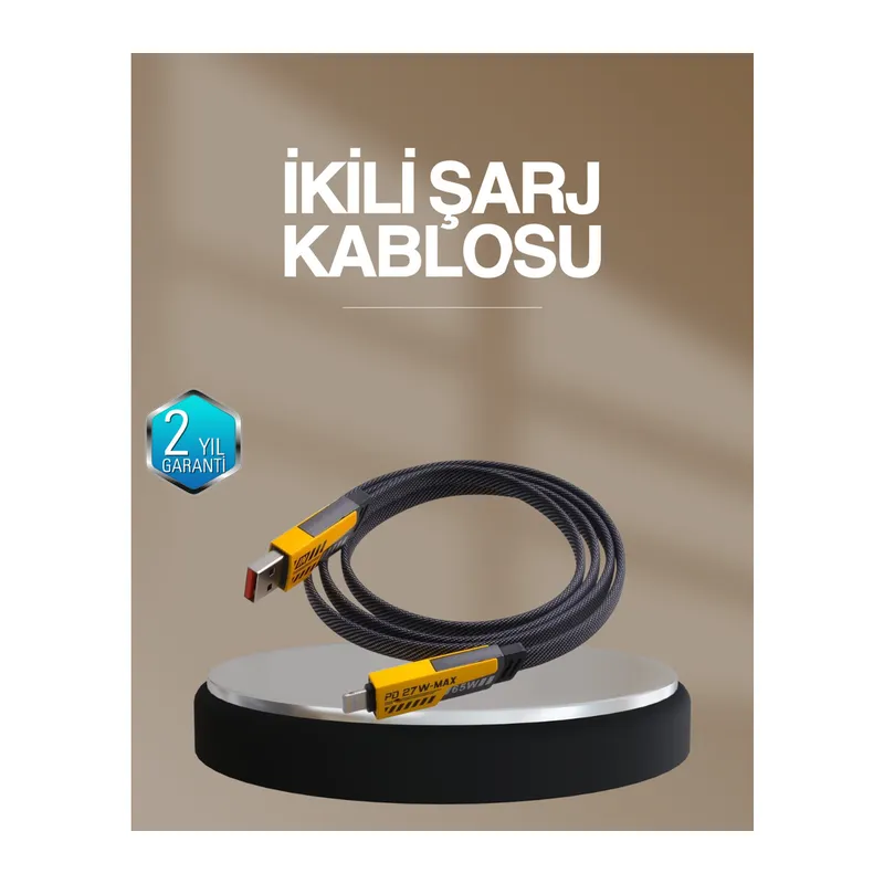 Hızlı Şarj Destekli 65W Örgülü USB-C ve USB-A Çoklu Şarj Kablosu