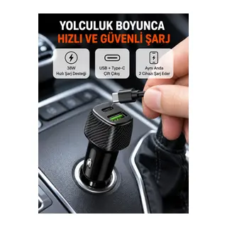 Kompakt Tasarımlı Type-C + USB Girişli Araç Şarj Başlığı