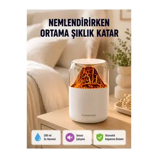Alev Efektli Ultrasonik Uçucu Yağ Difüzörü 280ml Su Tanklı ve Sessiz Çalışma Özellikli