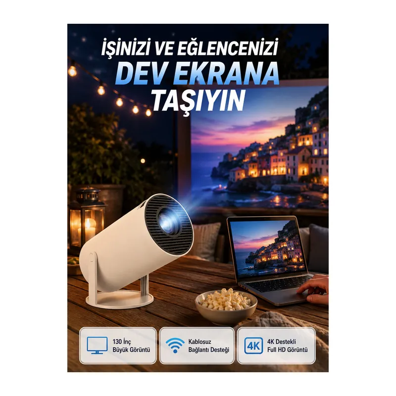 Full HD 4K Destekli Akıllı Projeksiyon – 130 inç Ekran, Uzun Ömürlü Ampul ve Çoklu Giriş
