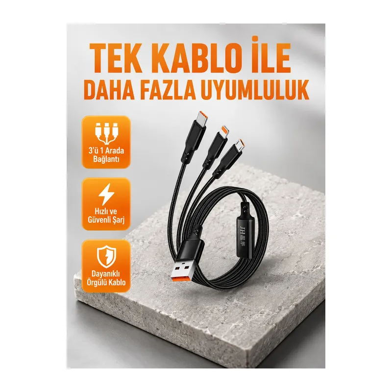3’ü 1 Arada Şarj Kablosu Type-C iOS Android Uyumlu Hızlı ve Güvenli Şarj