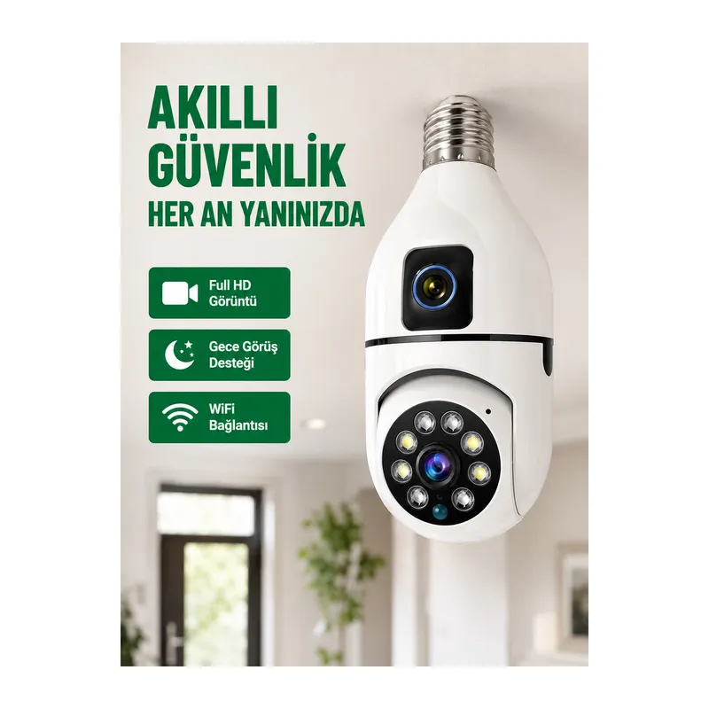 WiFi Ampul Güvenlik Kamerası 1080P Full HD Gece Görüşlü ve Hareket Algılamalı