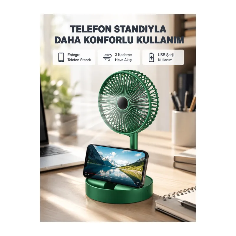 Taşınabilir Şarjlı Mini Fan – Katlanabilir Gövde, 3 Hız Kademesi