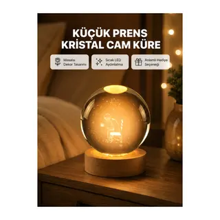 8 cm Küçük Prens Cam Küre USB Işıklı Ahşap Tabanlı Dekor