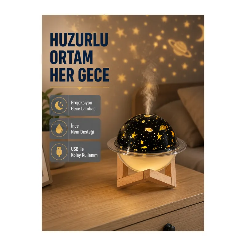 Aromaterapili USB Hava Nemlendirici – Projeksiyon Işıklı, Sessiz ve Şık Tasarım