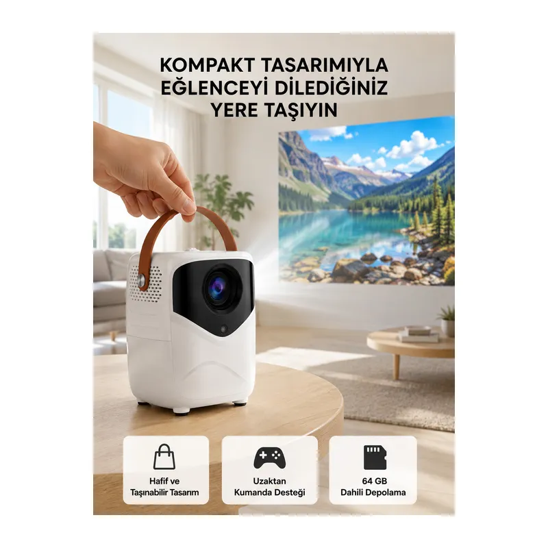 Mini Akıllı Projektör – 1080P Full HD, 64GB Depolama, 2GB RAM, Uzaktan Kumanda Destekli Yeni Nesil
