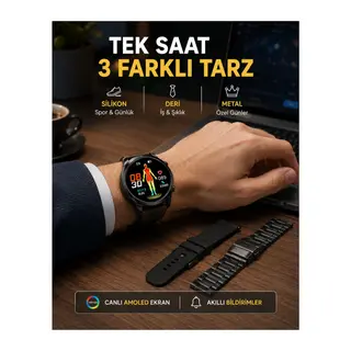 AMOLED Ekranlı Akıllı Saat – 3 Kordon Seçenekli, Suya Dayanıklı, Kalp Atış ve Uyku Takip Özellikli