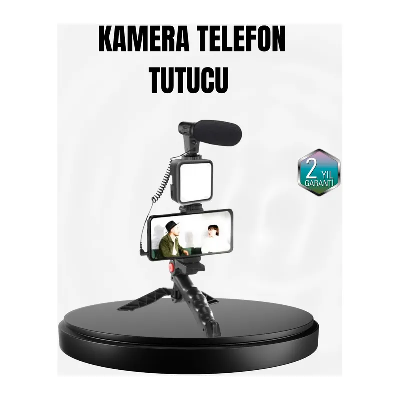 Profesyonel Vlog Çekim Kiti LED Işıklı Tripod Mikrofonlu Telefon Seti