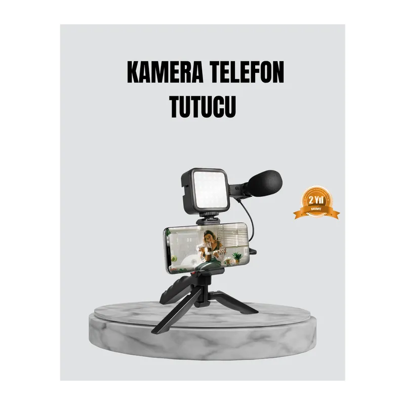 Telefon Video Çekim Kiti LED Aydınlatma Mikrofon Tripodlu Tam Set