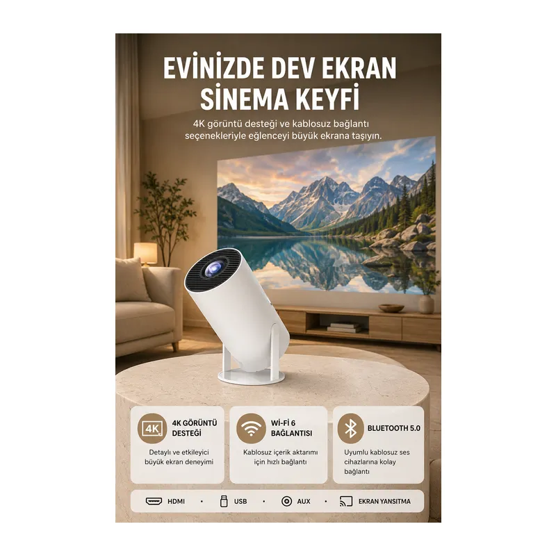 Kablosuz Projeksiyon Cihazı 4K Destekli HDMI USB Oyun Uyumlu