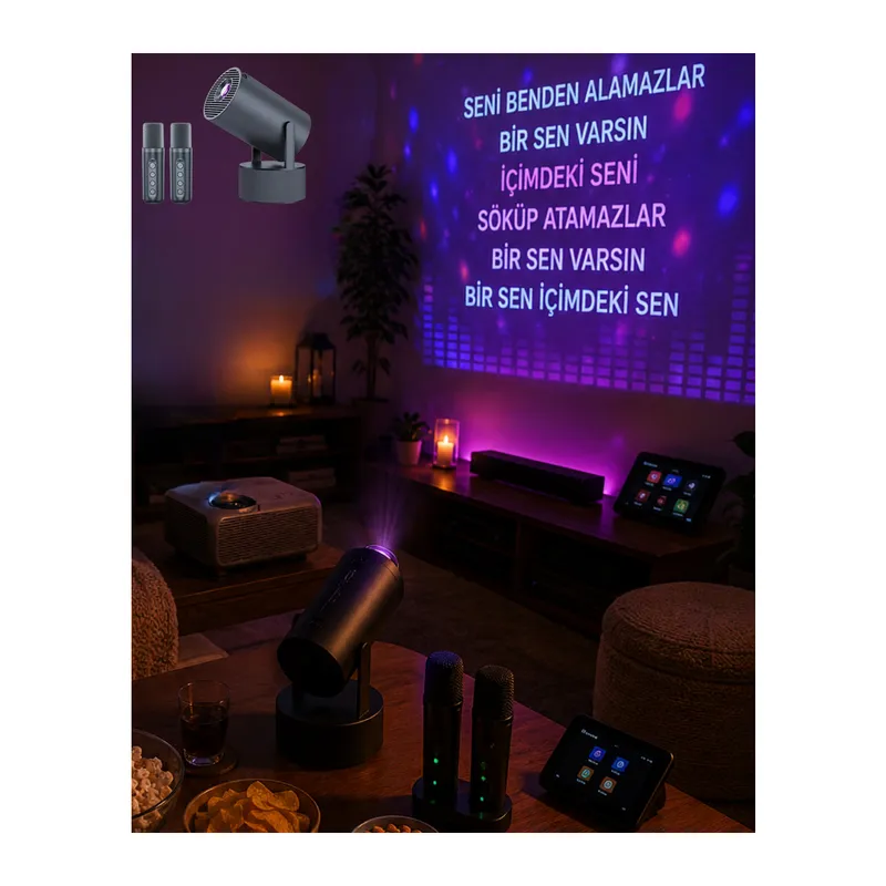 Bluetooth Hoparlörlü Akıllı Projektör Kablosuz Karaoke Mikrofonlu