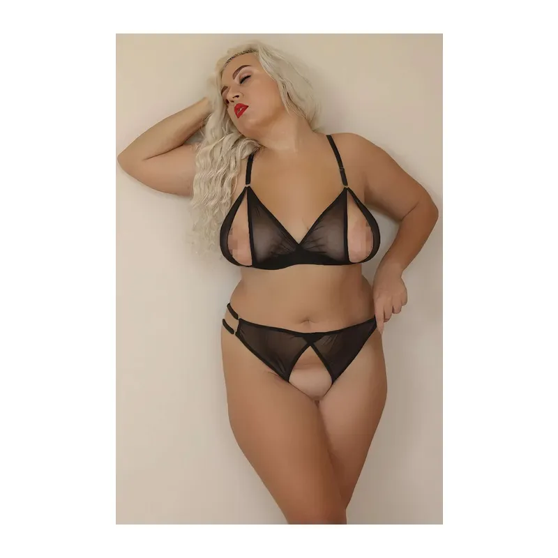 Özel Bölgeleri Açık Büyük Beden Siyah Transparan Fantazi Sütyen Takımı TM1306 - Siyah / 2XL