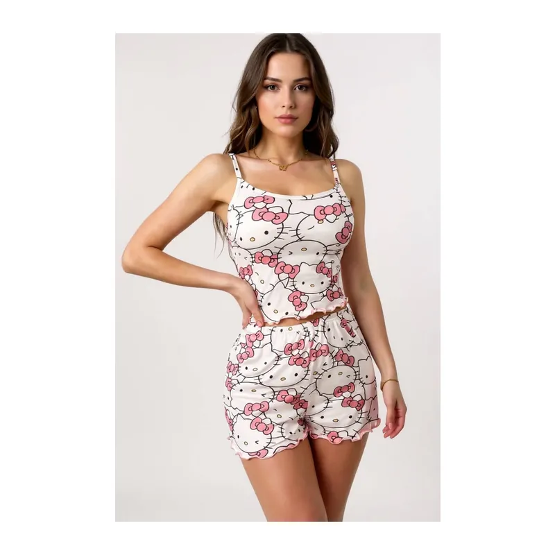 Hello Kitty Baskılı Askılı Şortlu Pijama Takımı - Pembe / XL