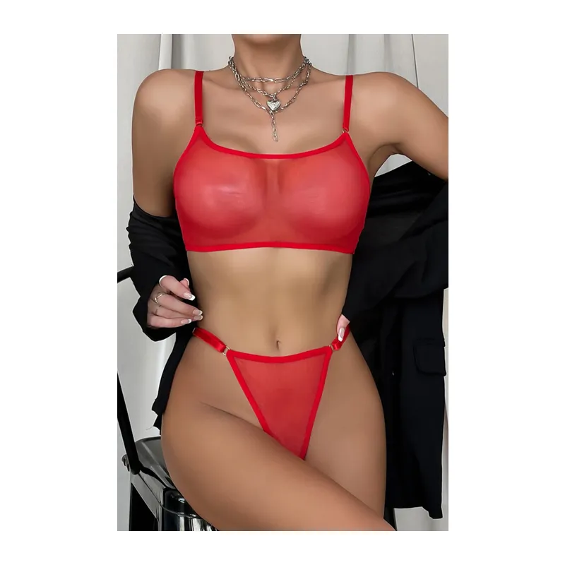Kırmızı Transparan Tül Bralet Tanga İç Giyim Takımı TM1386 - Kırmızı / M