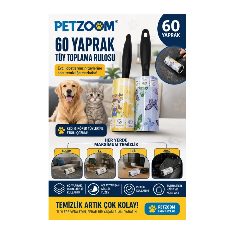 PETZOOM 60 Yaprak Tüy Toplama Rulosu Kedi Köpek Tüy Toplayıcı Ev Koltuk Araç Ofis Temizlik Rulosu