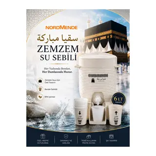 Zemzem Su Sebili 6 LT | Kabe Temalı Zemzemlik | Bardaklıklı Hac Umre Hediyelik Sebil