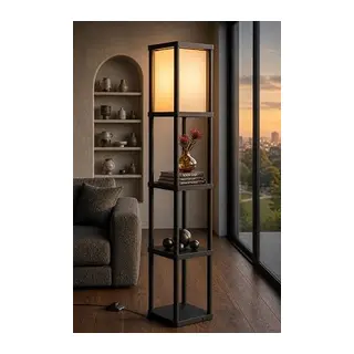 Dekoratif Raflı Lambader Siyah, 135 cm Modern Sehpalı Lambader, E27 Duy Uyumlu, 23x23 cm Raflı Salon Yatak Odası Ofis Aydınlatma