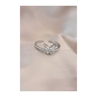 Ayarlamalı Gümüş Renk Metal Zirkon Taş ve Kristal Taşlı Kelebek Model Yüzük