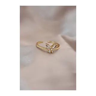 Ayarlamalı Gold Renk Metal Zirkon Taş ve Kristal Taşlı Kelebek Model Yüzük