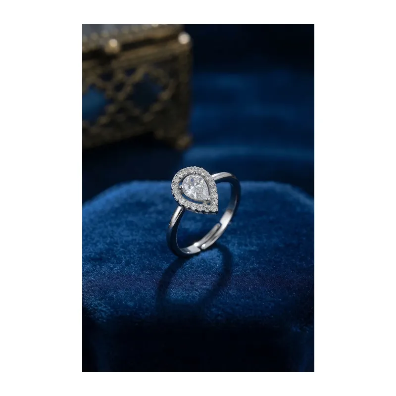 Ayarlamalı Silver Renk Metal Zirkon ve Kristal Taşlı Damla Model Yüzük