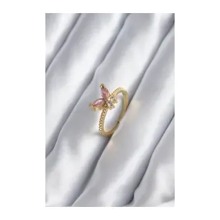 Gold Renk Pembe Zirkon Taşlı Kelebek Model Kadın Yüzük