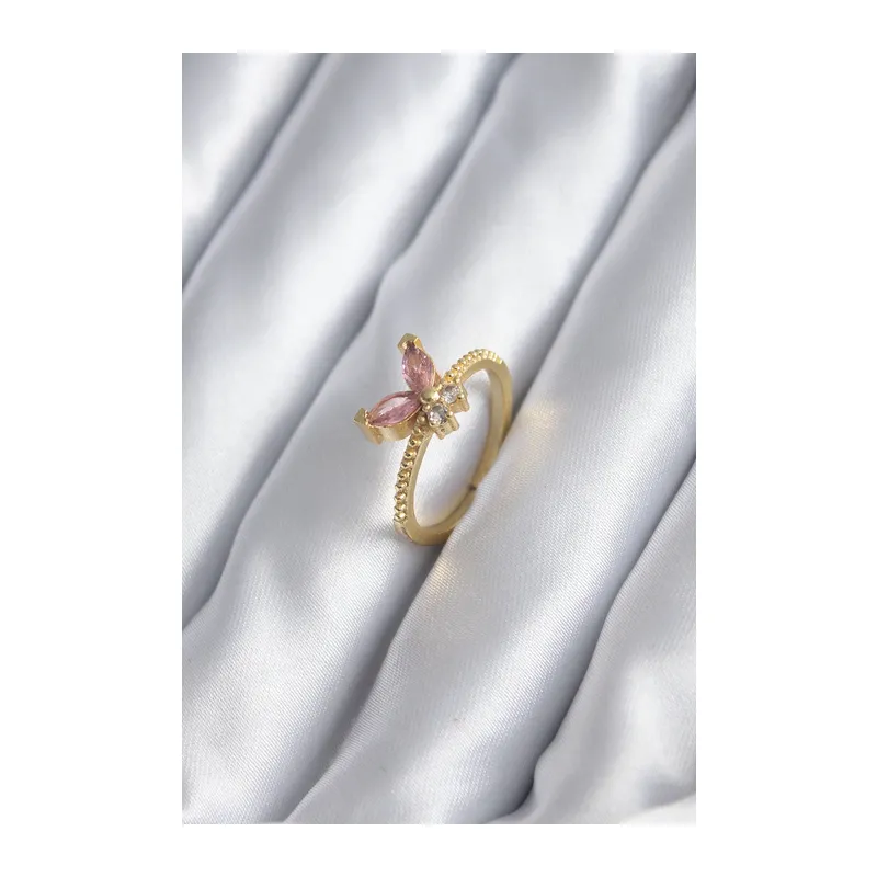 Gold Renk Pembe Zirkon Taşlı Kelebek Model Kadın Yüzük