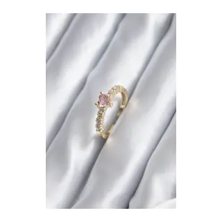 Gold Renk Zirkon Taşlı Pembe Kristal Kalp Model Kadın Yüzük