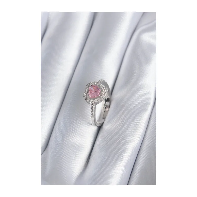 Pirinç Gümüş Renk Pembe Zirkon Taş Kalp Charm Model Kadın Yüzük