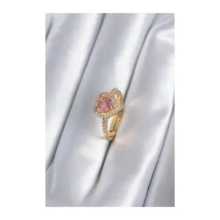 Pirinç Gold Renk Pembe Zirkon Taş Kalp Charm Model Kadın Yüzük