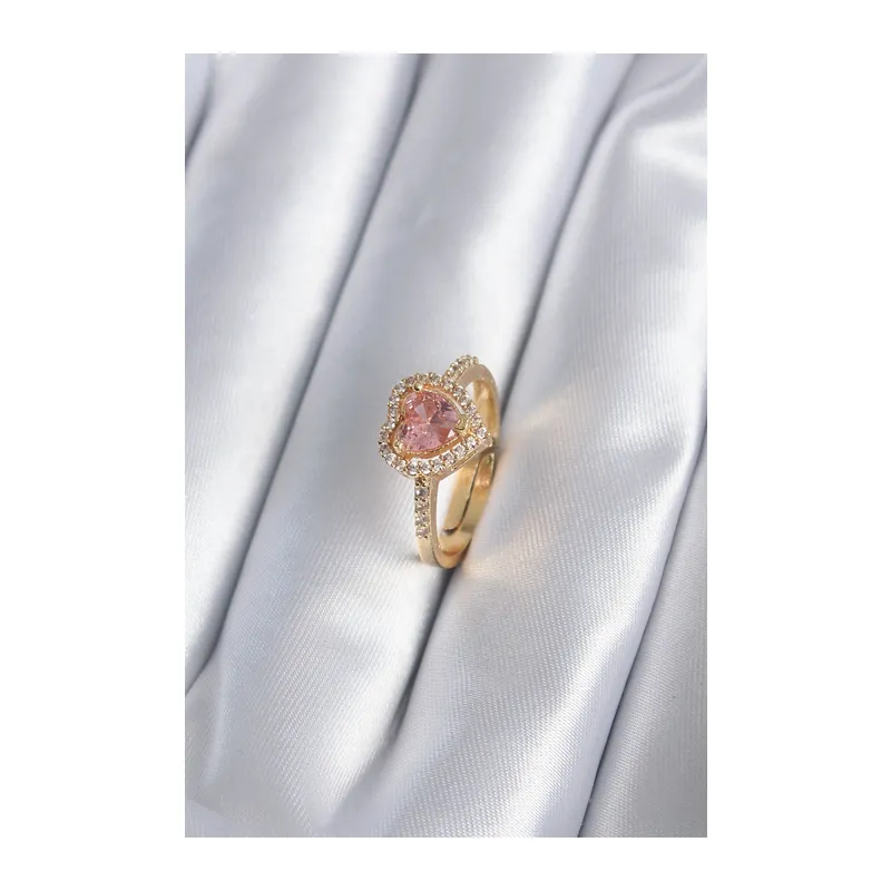 Pirinç Gold Renk Pembe Zirkon Taş Kalp Charm Model Kadın Yüzük