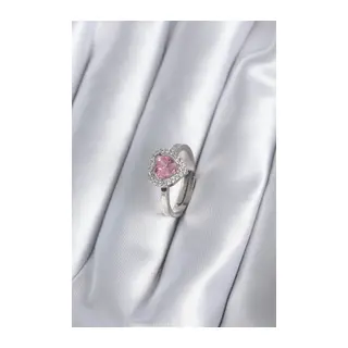 Pirinç Gümüş Renk Pembe Zirkon Taşlı Charm Model Kadın Yüzük