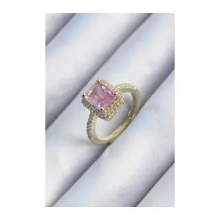 Pirinç Gold Renk Pembe Zirkon Taşlı Kadın Yüzük