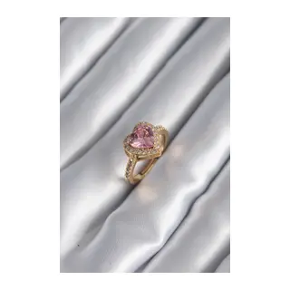 Pirinç Gold Renk Pembe Zirkon Taşlı Charm Kalp Model Kadın Yüzük