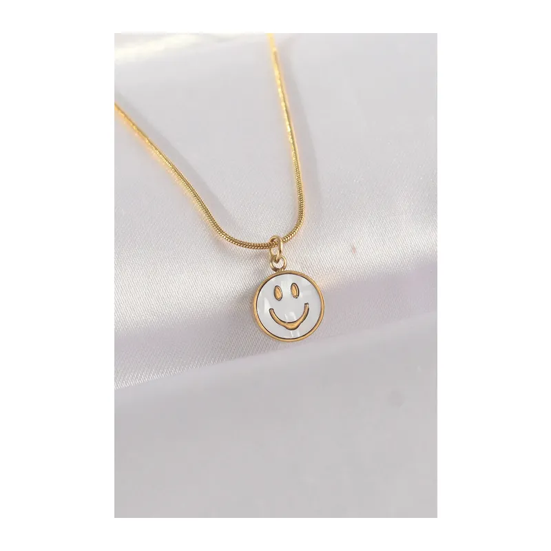 316L Çelik Zincir Gold Renk Mermer Desenli Minimal Smile Kolye