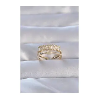 Pirinç Gold Renk Zirkon Taşlı Baget Su Yolu Model Ayarlanabilir Yüzük